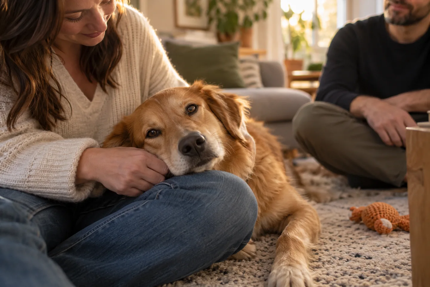 Yeni evinde, ailesinin yanında huzurla dinlenen bir köpek