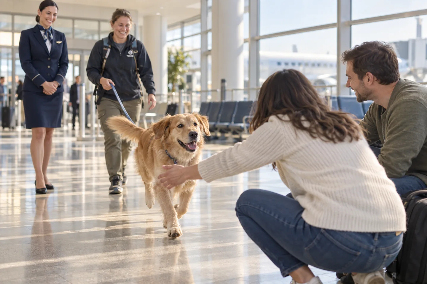 Havalimanında yeni ailesinin açılan kollarına doğru sevinçle koşan bir köpek
